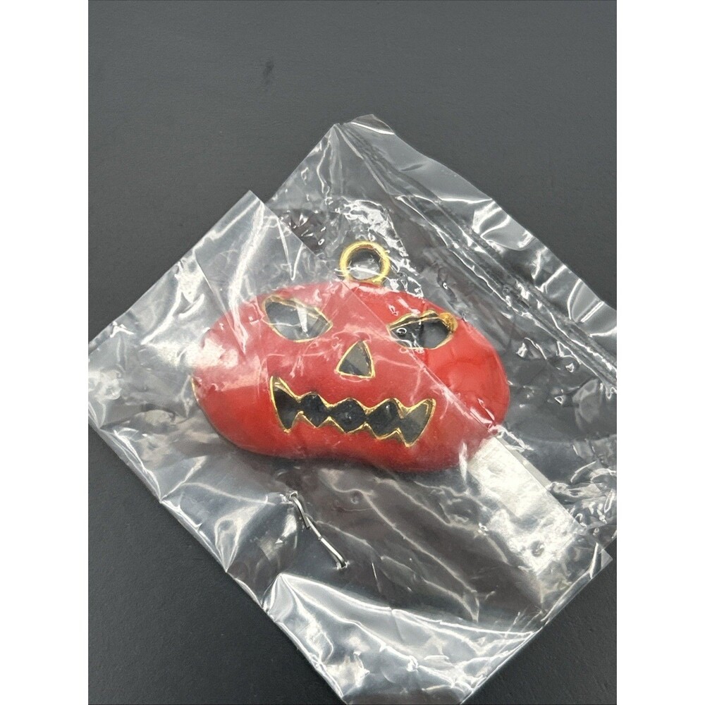 VTG 90s Jack O' Lantern Orange Enamel Charm Gold Tone Halloween Pumpkin Pendant